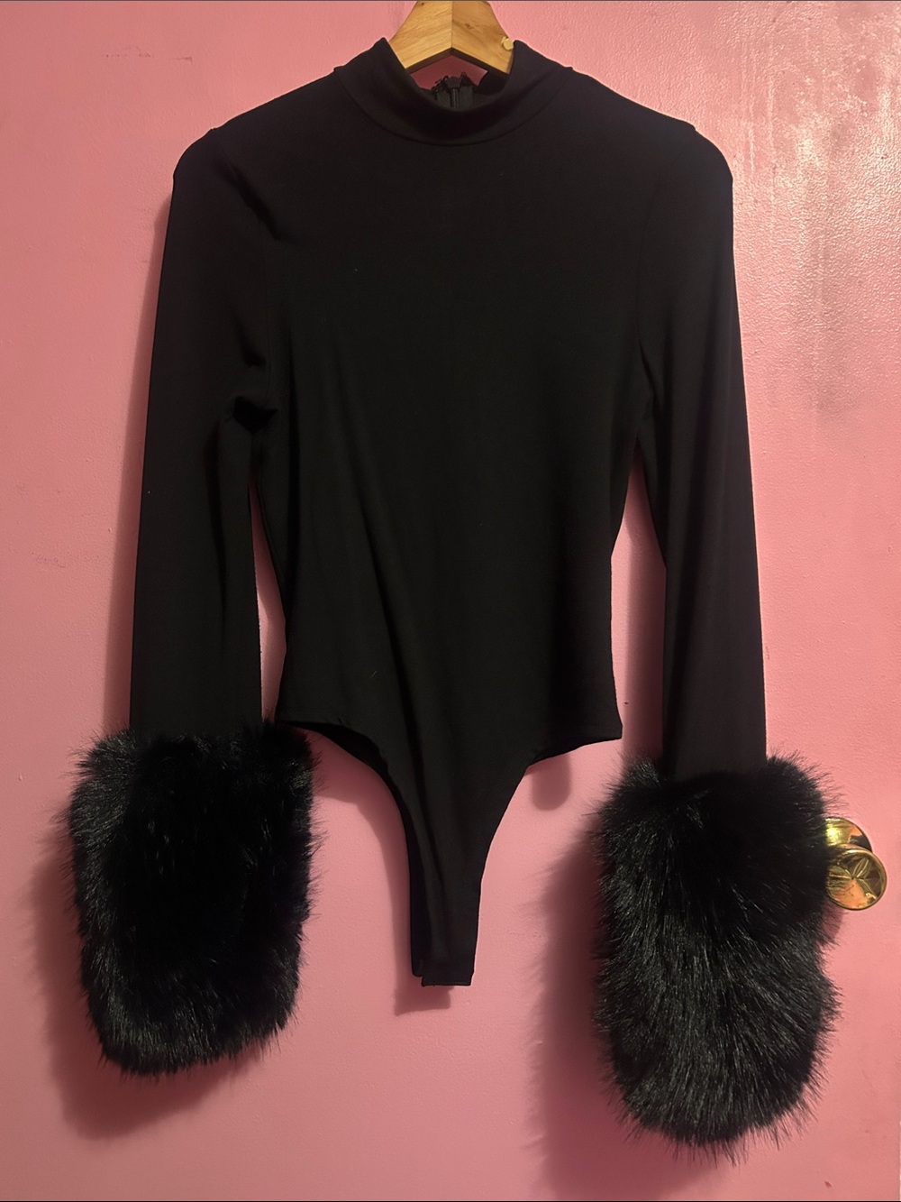 WORN ONCE Fashion Nova NOVALUX Black Faux FurBodySuit. Luxury / Casual